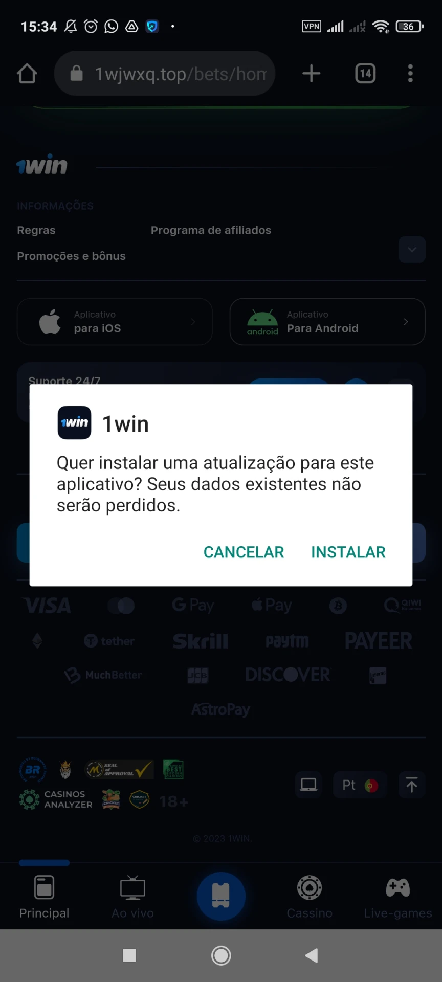 Comece a instalar o aplicativo 1win para Android.