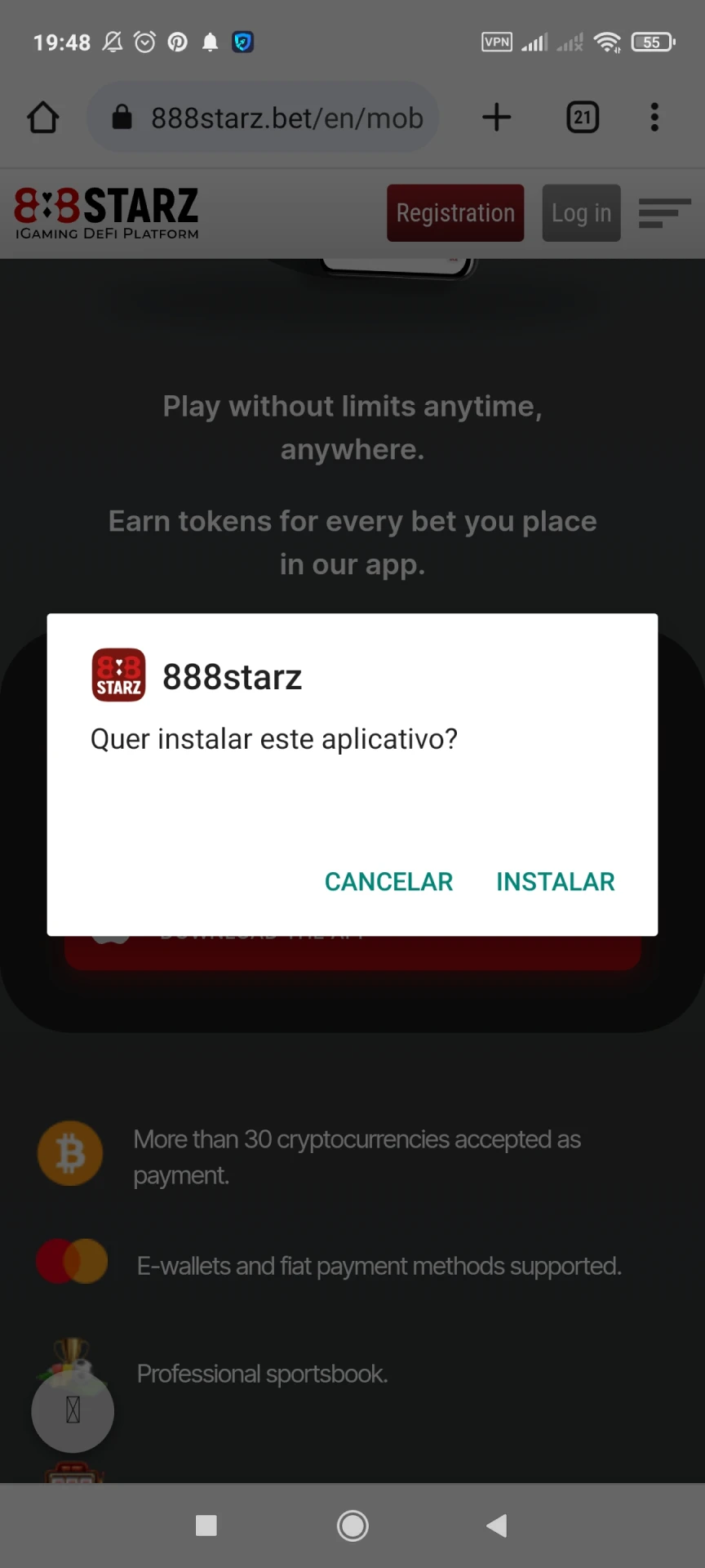 Prossiga com a instalação do aplicativo 888starz para Android.