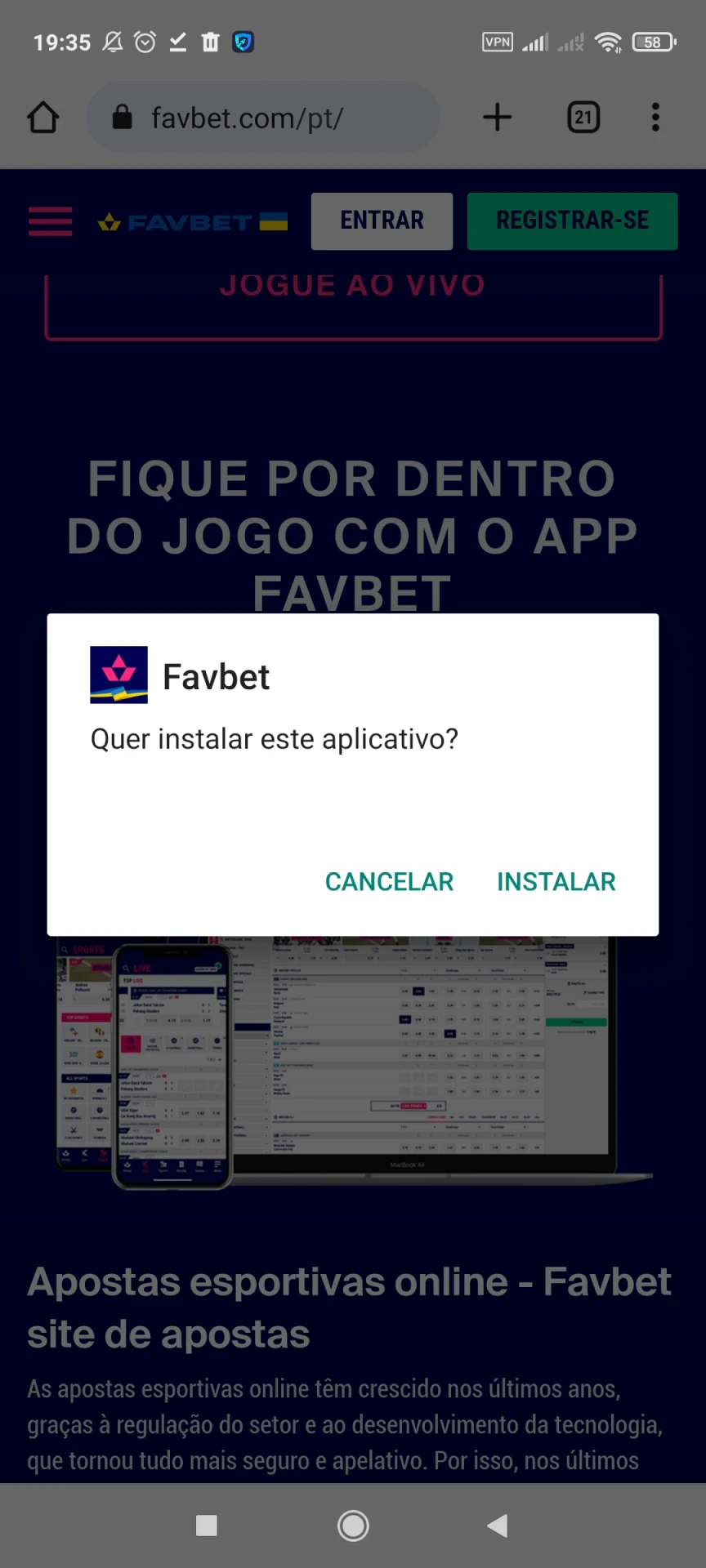 Comece a instalar o aplicativo Favbet para Android.