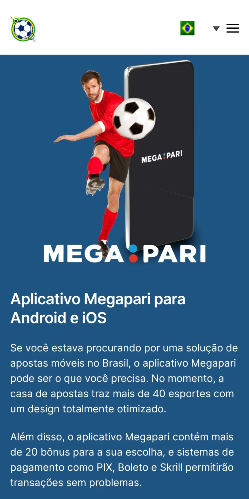 Visite a página inicial do Megapari para baixar aplicativos iOS.