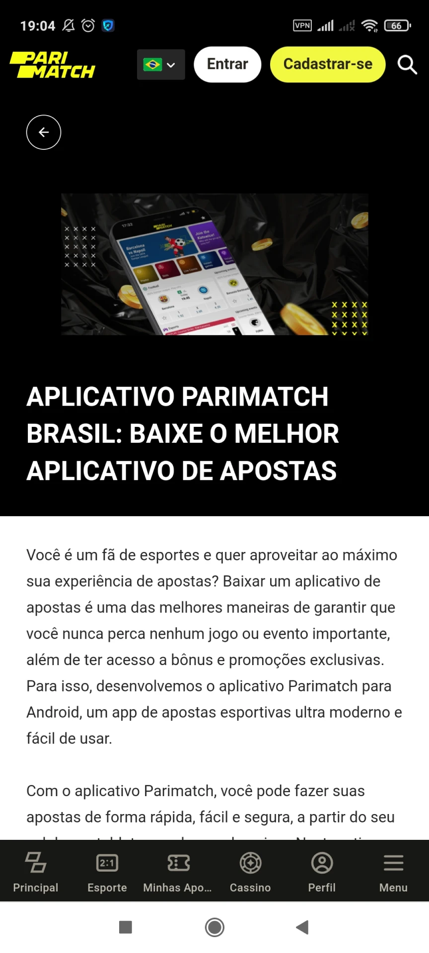 Comece a baixar o aplicativo Parimatch para Android.