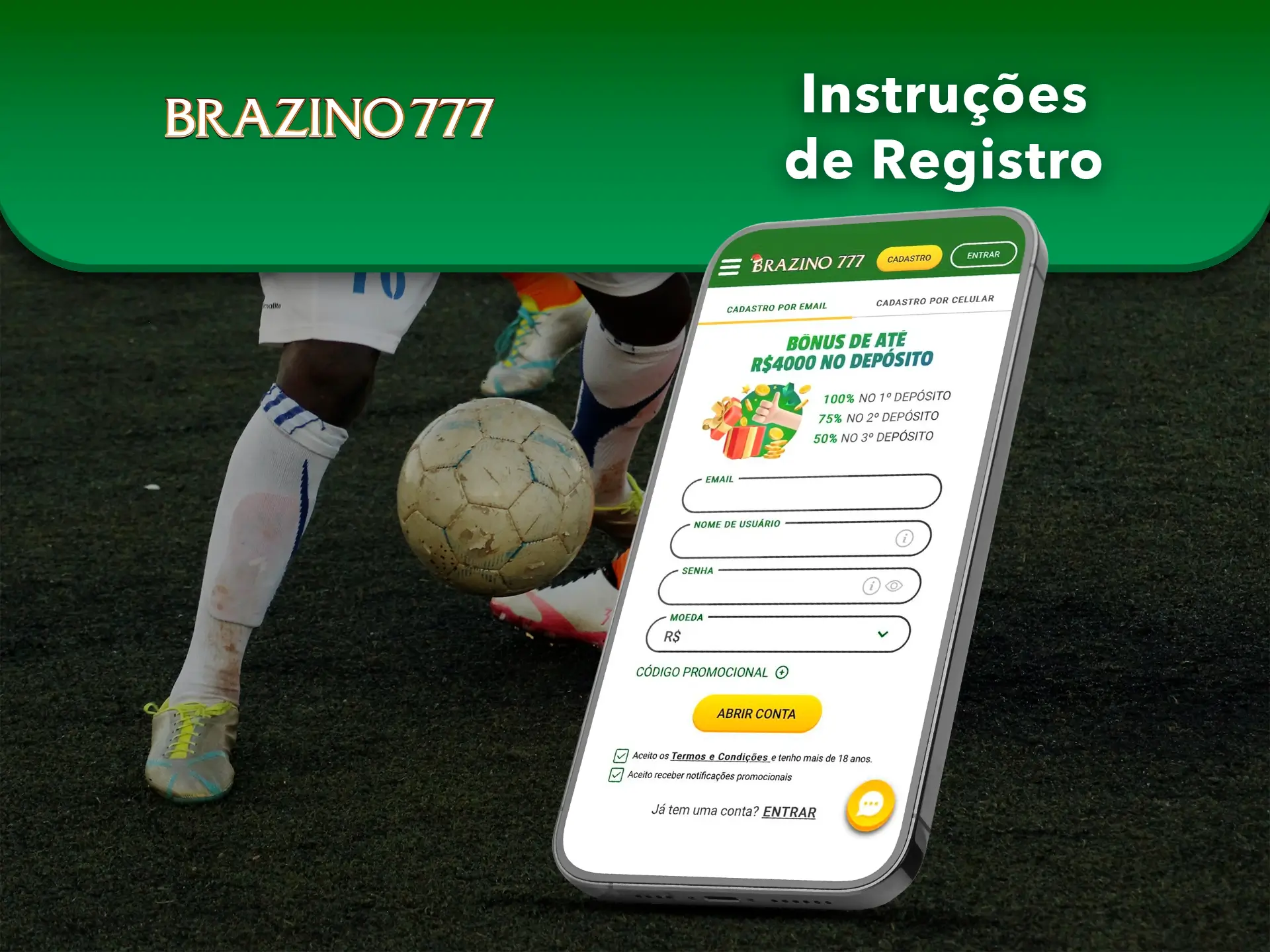 Complete um registo simples e direto na aplicação Brazino777 para ter acesso às apostas e ao casino.